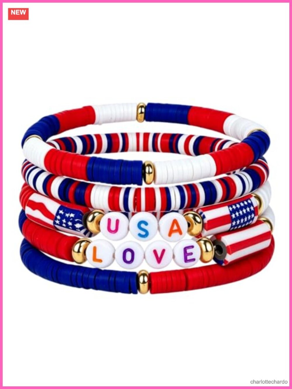 Patriotic Stretch Bracelets Set USA Love Vinyl Beads Elastic Stackable
